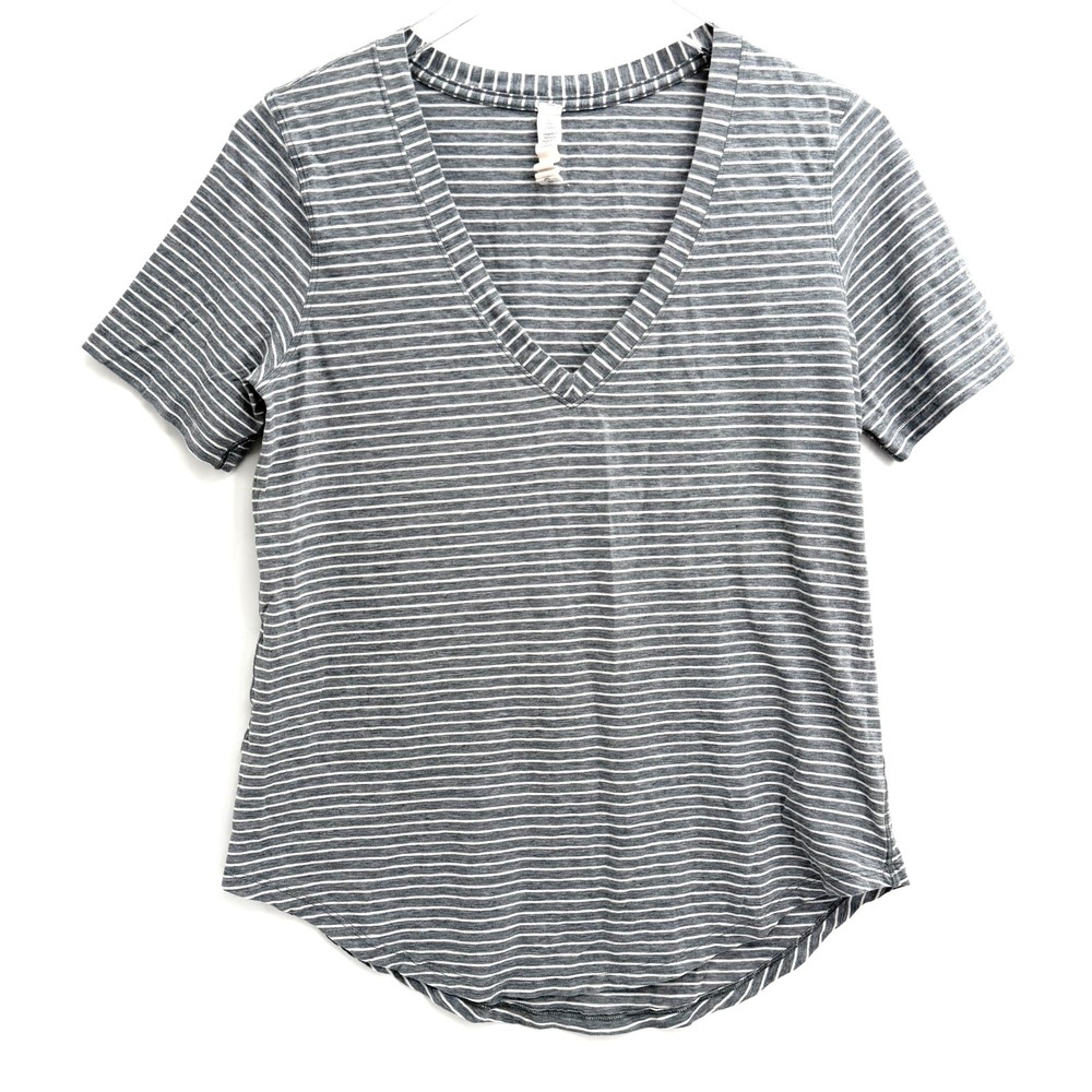 Lululemon Love Tee Size 8 V-Neck Striped Grey White Pima Cotton T-Shirt
